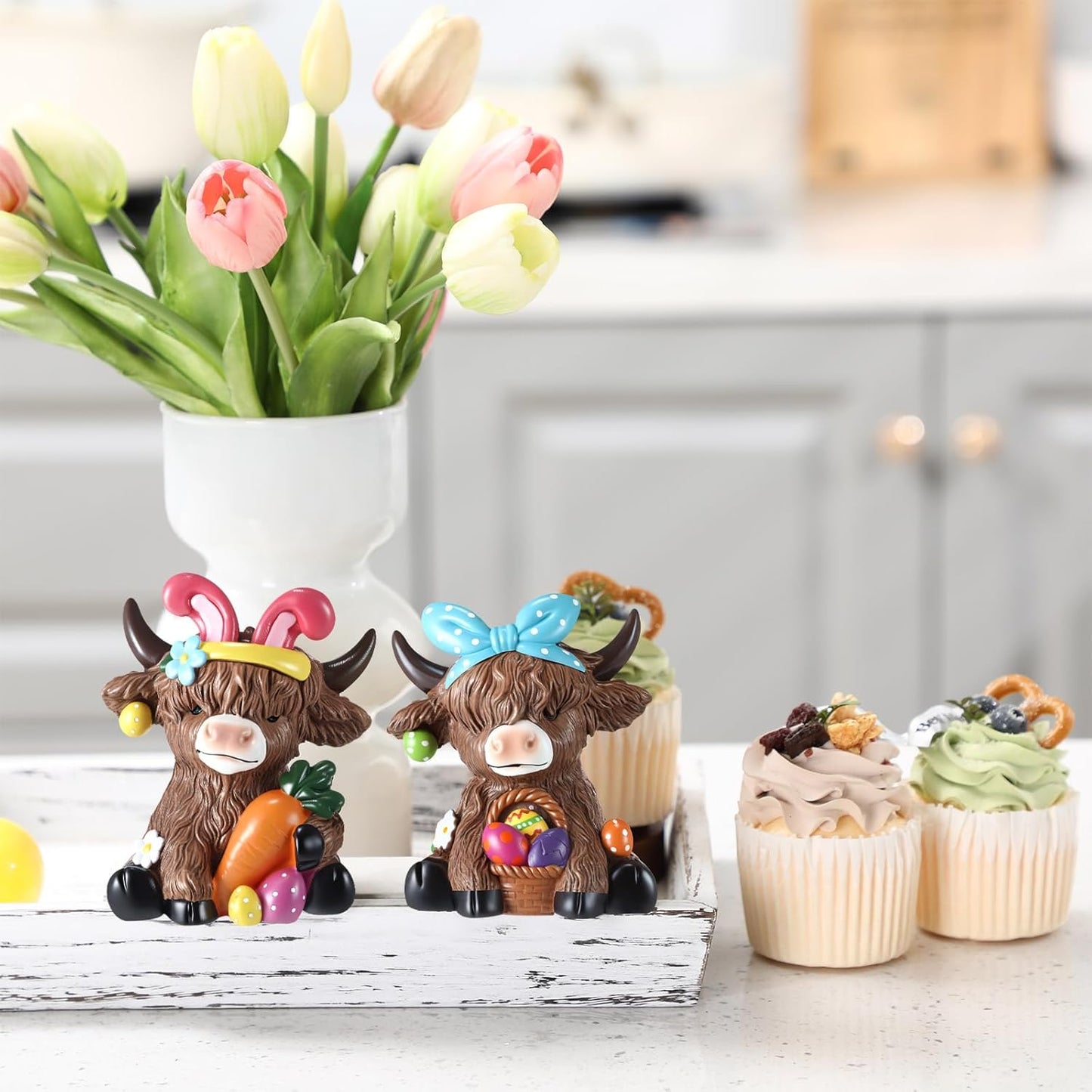 2 PCS Easter Highland Cow Figurines Bunny Decor – Spring Tiered Tray Decorations