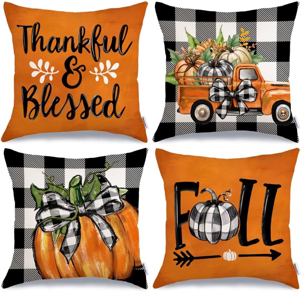 Fall Decorative Pillow Covers Set of 4 – Pumpkin, Thankful & Blessed