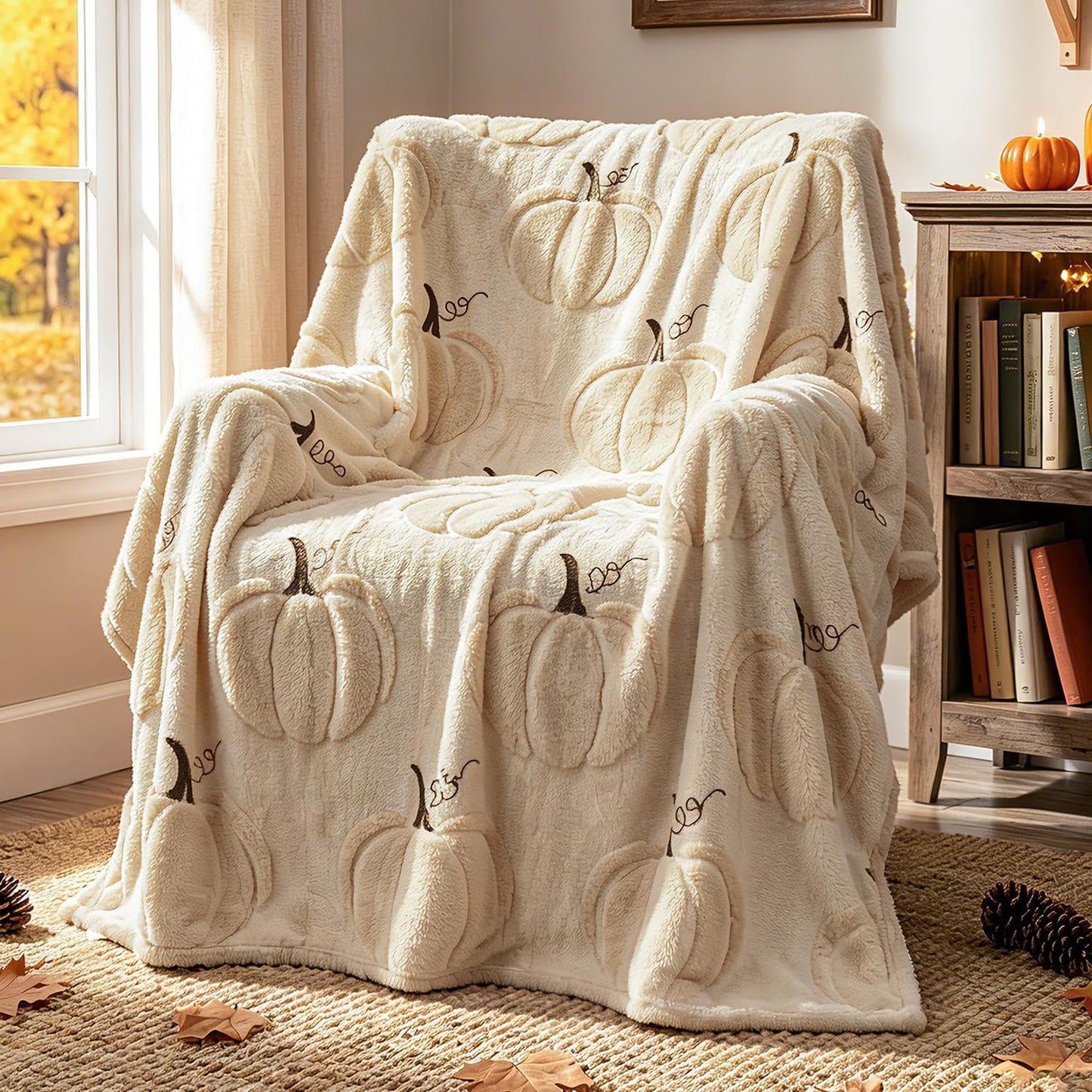 Fall Pumpkin Throw Blanket – 50 x 60 Inch Ultra Soft Sherpa Fleece & Faux Wool Blanket