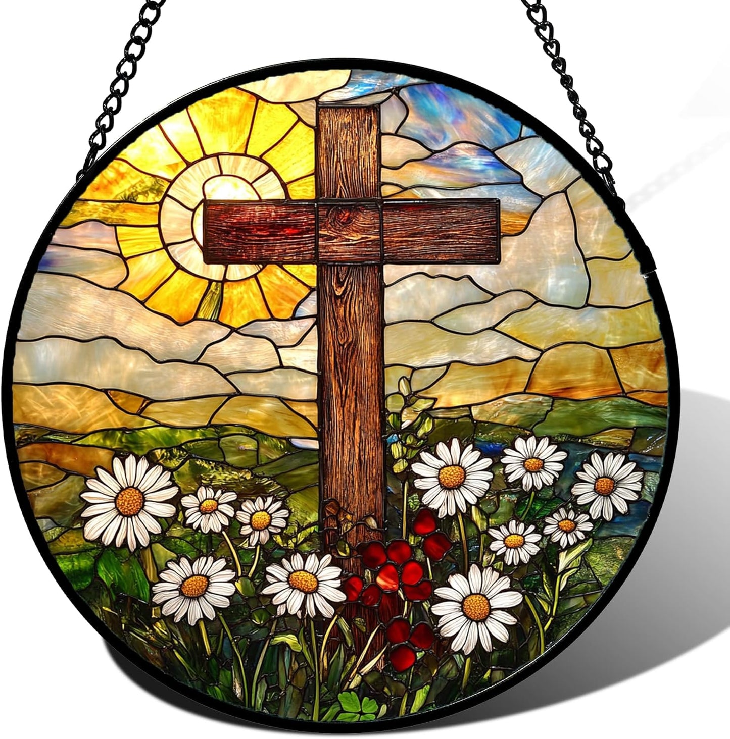 Christian Cross Stained Glass Sun Catcher – Religious Gifts for Women, Mom & Grandma | Easter & Mother’s Day Hanging Window Decor with Yellow Purple Wildflowers