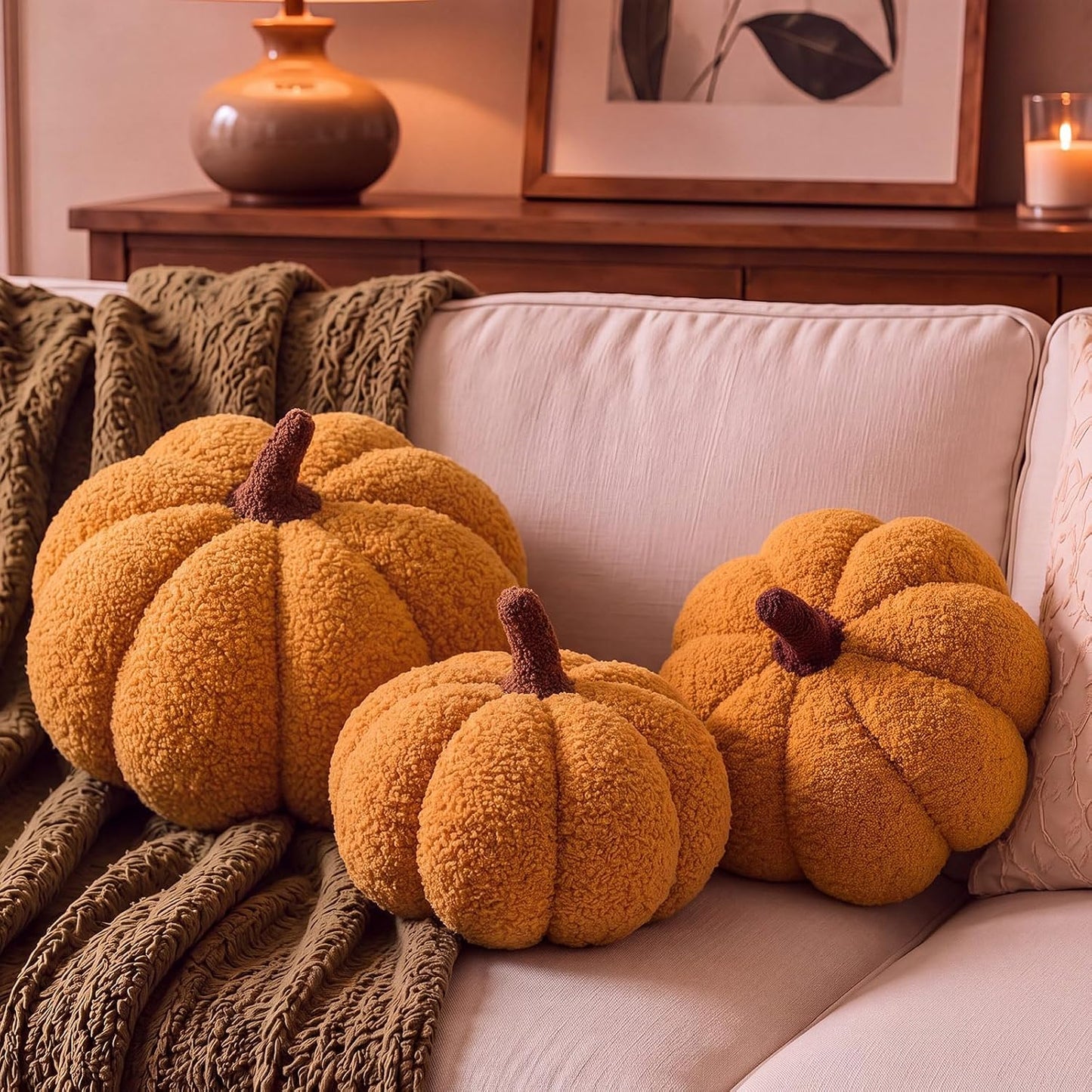 Stuffed Pumpkin Pillows Set of 3 – Soft Plush Fall Decorative Cushions