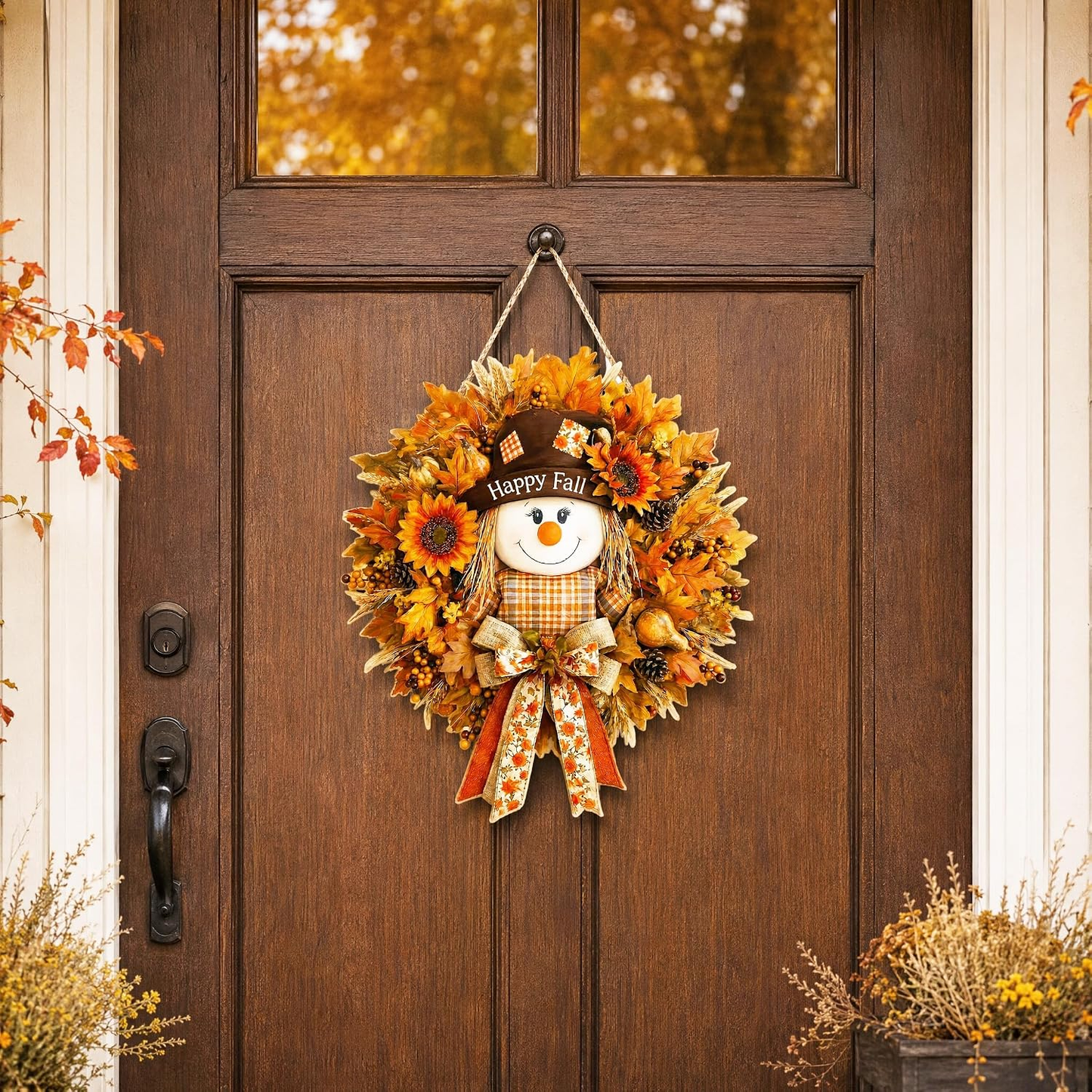 Scarecrow Fall Door Hanger – Wooden Welcome Sign with Maple Leaves