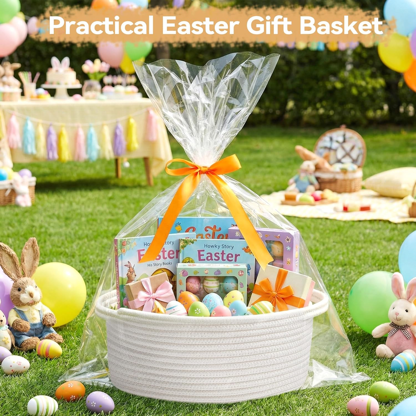 Small Woven Easter Basket with Gift Bags & Ribbons – White Rope Storage Basket with Handles (12" x 8" x 5")