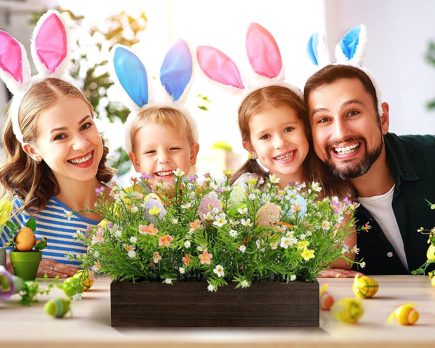 Easter Table Centerpiece Decoration – Spring Artificial Flowers Arrangement with Wooden Tray Farmhouse Decor