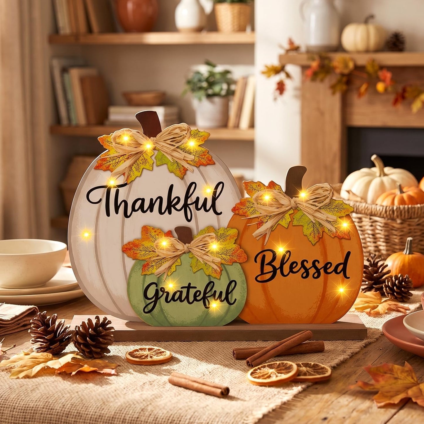 Lighted Fall Pumpkin Table Sign – LED Wooden Thanksgiving Decoration