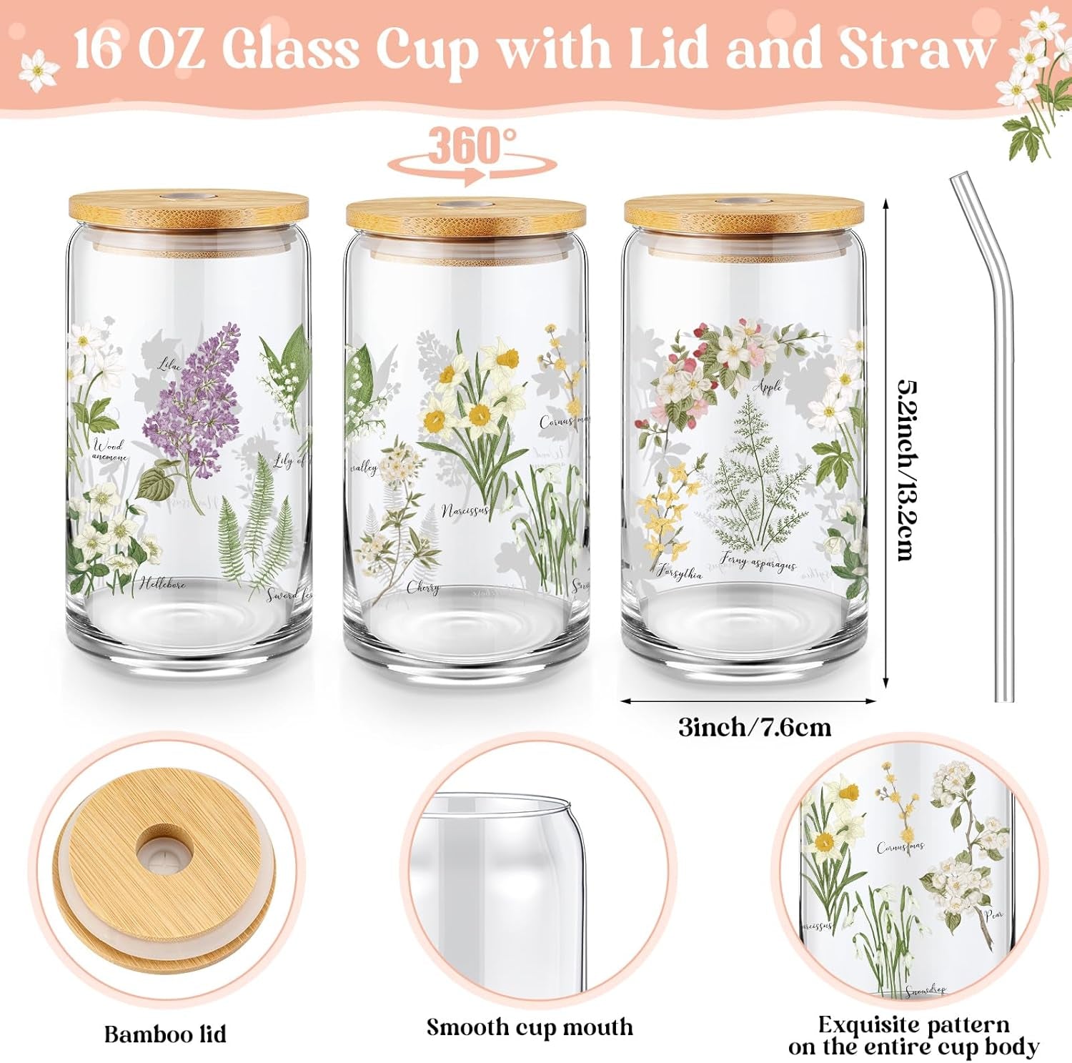 3-Piece Plant Lover Gift Set – Floral Canvas Tote Bag, 16oz Coffee Cup with Straw, and Makeup Bag