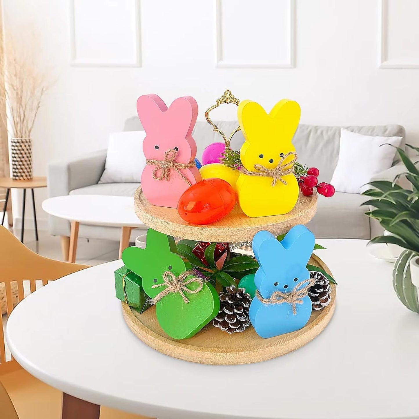Wooden Easter Bunny Decor Set – 4PCS Spring Rabbit Table Signs for Tiered Tray & Farmhouse Mantel Decor