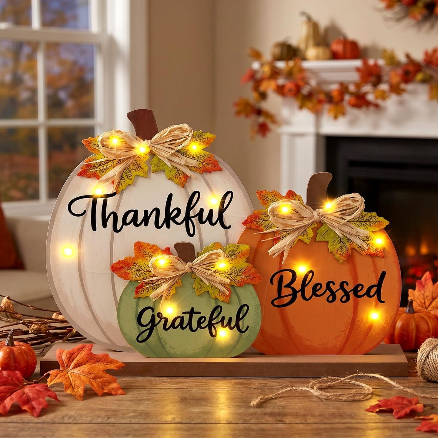 Lighted Fall Pumpkin Table Sign – LED Wooden Thanksgiving Decoration
