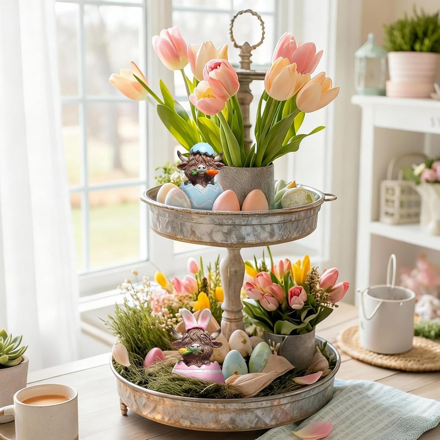 2 Pcs Easter Highland Cow Figurines – Bunny Cow Spring Tiered Tray Decor