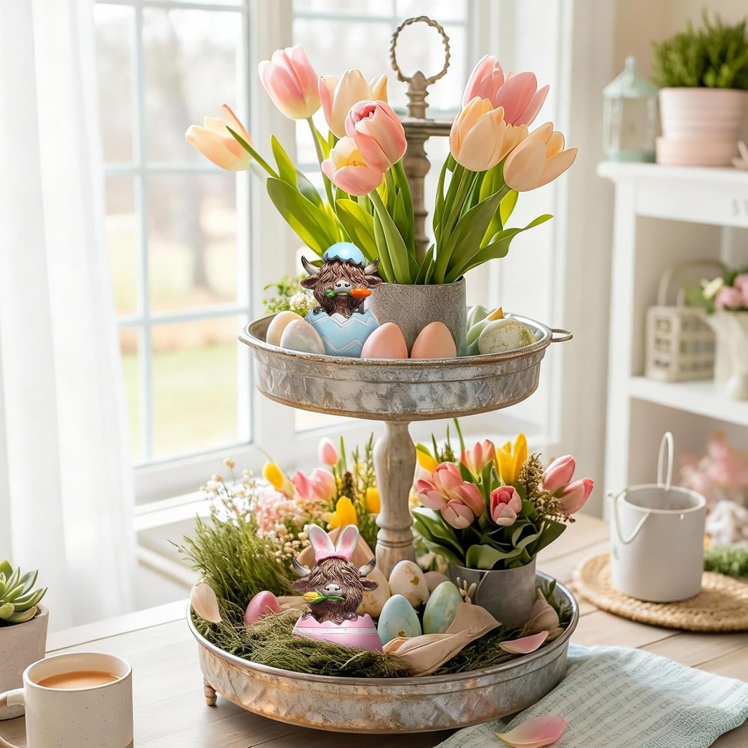 2 Pcs Easter Highland Cow Figurines – Bunny Cow Spring Tiered Tray Decor