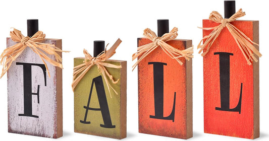 Rustic Fall Wooden Decor Signs Set of 4 – Farmhouse Autumn Table Centerpieces