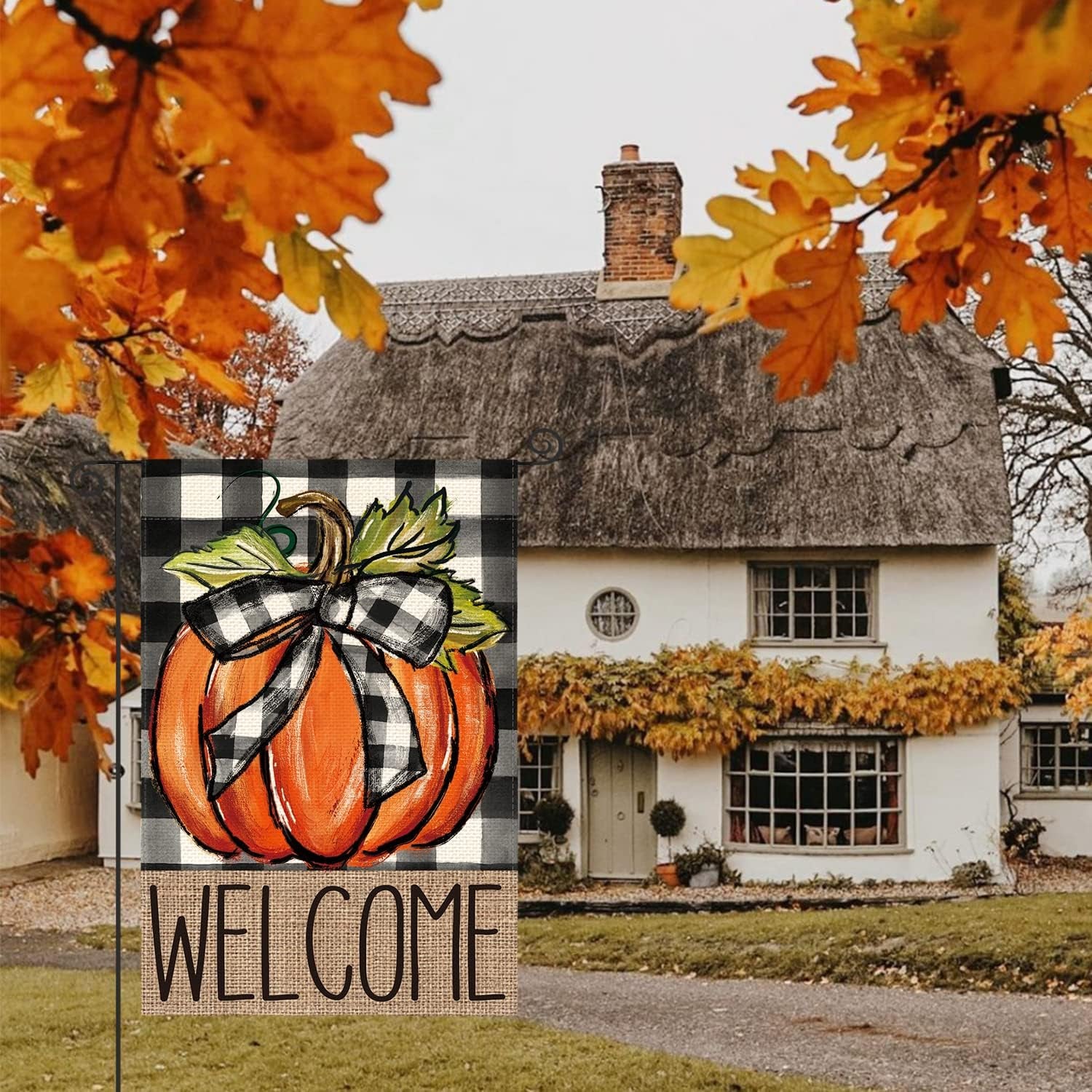 Fall Pumpkin Welcome Garden Flag – 12 x 18 Inch Double-Sided Buffalo Plaid