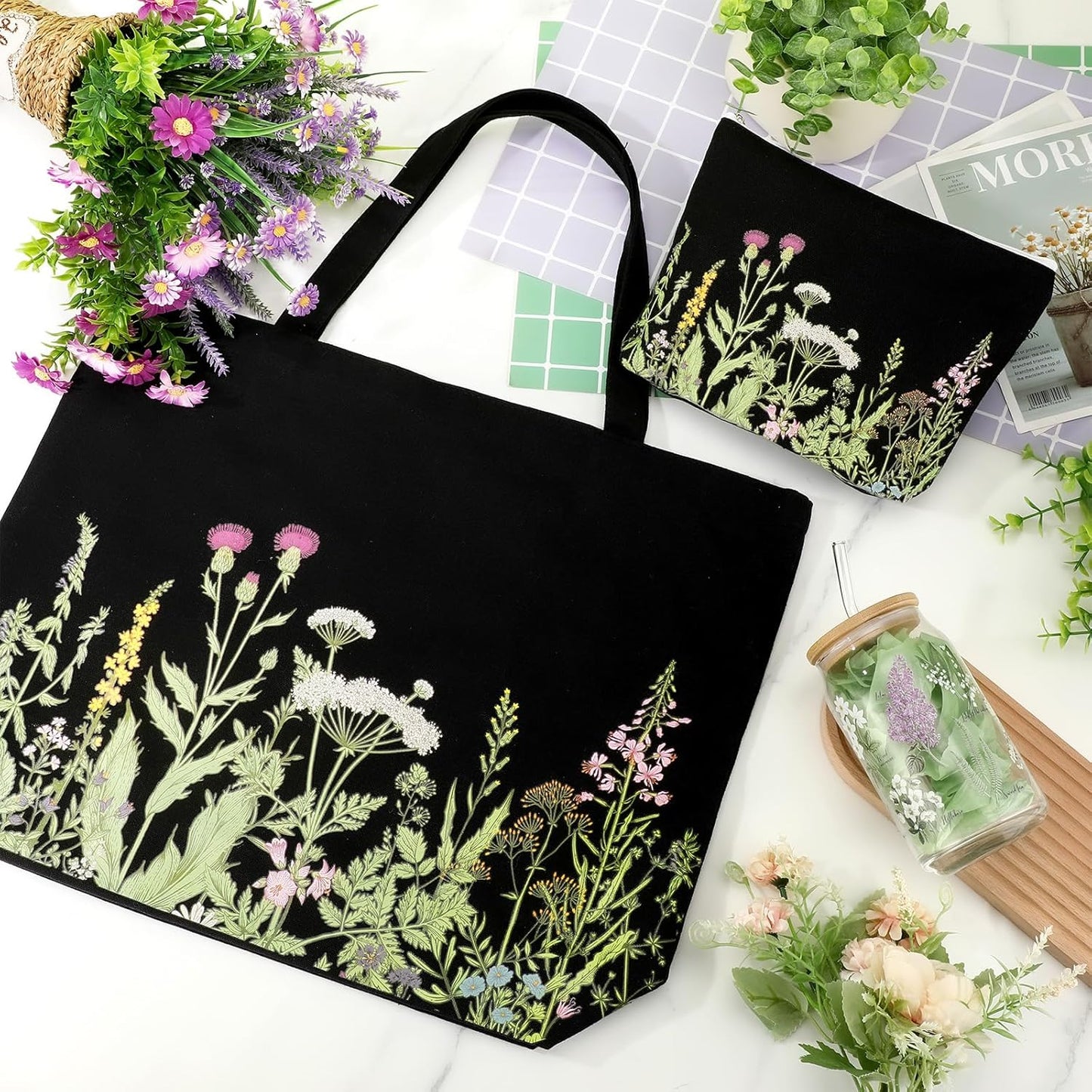 3-Piece Plant Lover Gift Set – Floral Canvas Tote Bag, 16oz Coffee Cup with Straw, and Makeup Bag