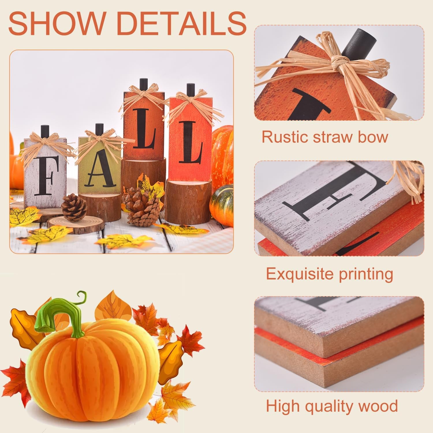 Rustic Fall Wooden Decor Signs Set of 4 – Farmhouse Autumn Table Centerpieces