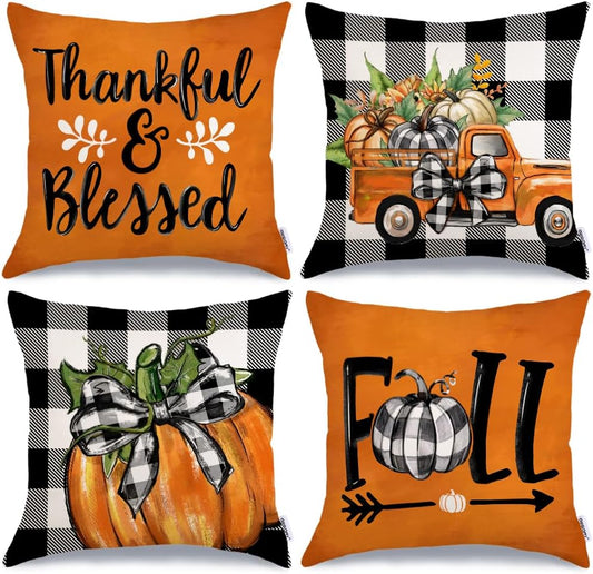 Fall Decorative Pillow Covers Set of 4 – Pumpkin, Thankful & Blessed