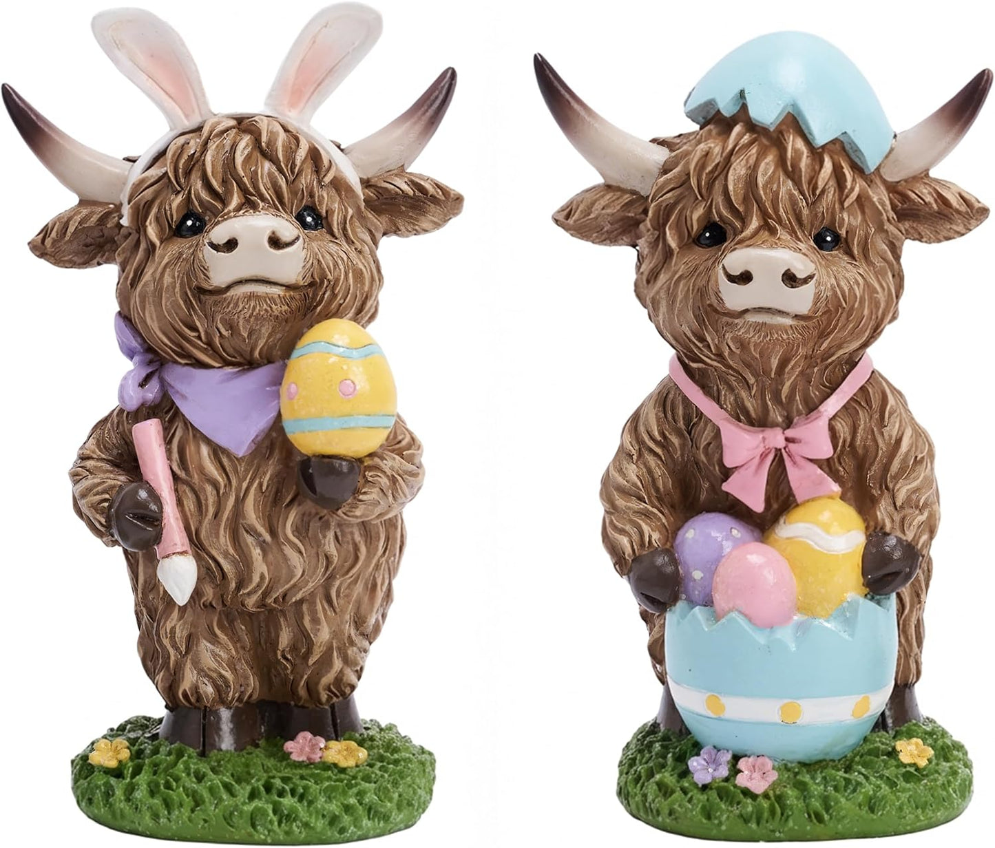 🐰🐮 Highland Cow Bunny Easter Figurines – Set of 2