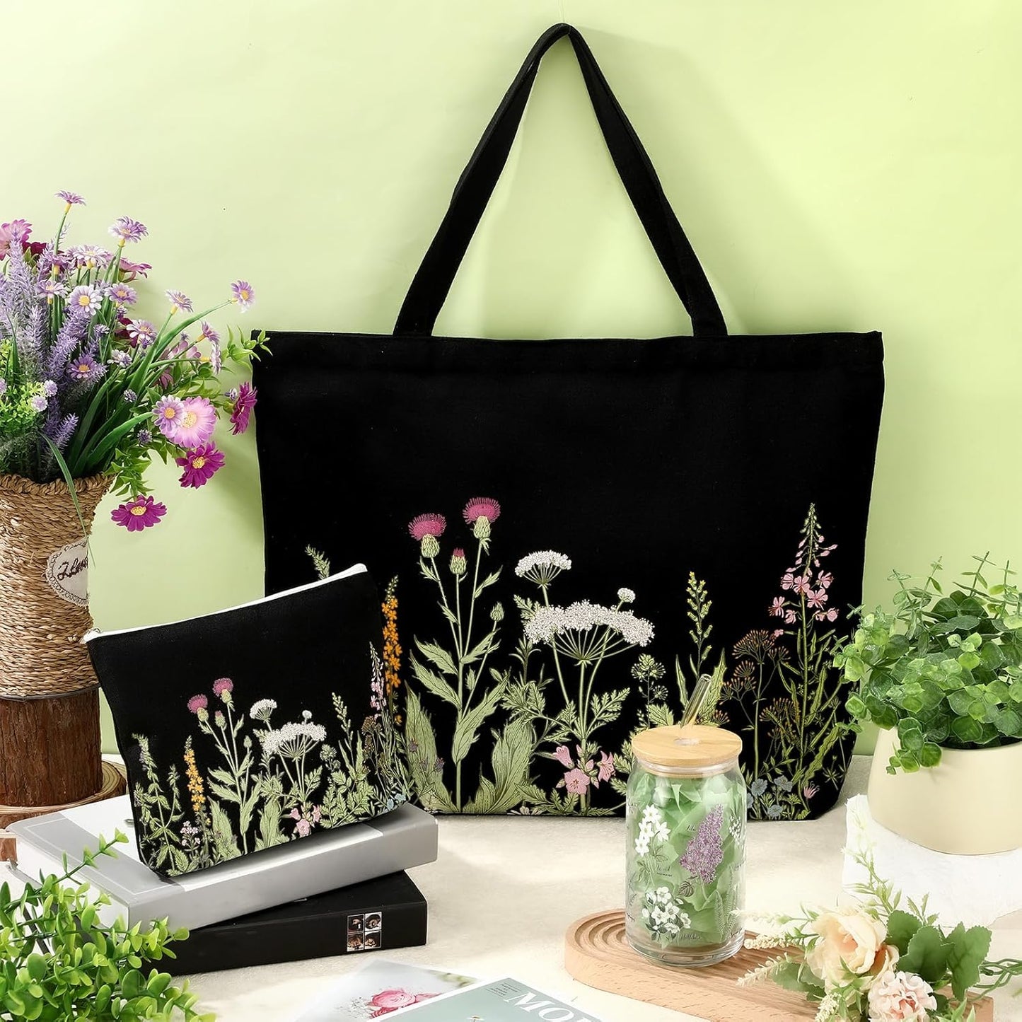 3-Piece Plant Lover Gift Set – Floral Canvas Tote Bag, 16oz Coffee Cup with Straw, and Makeup Bag