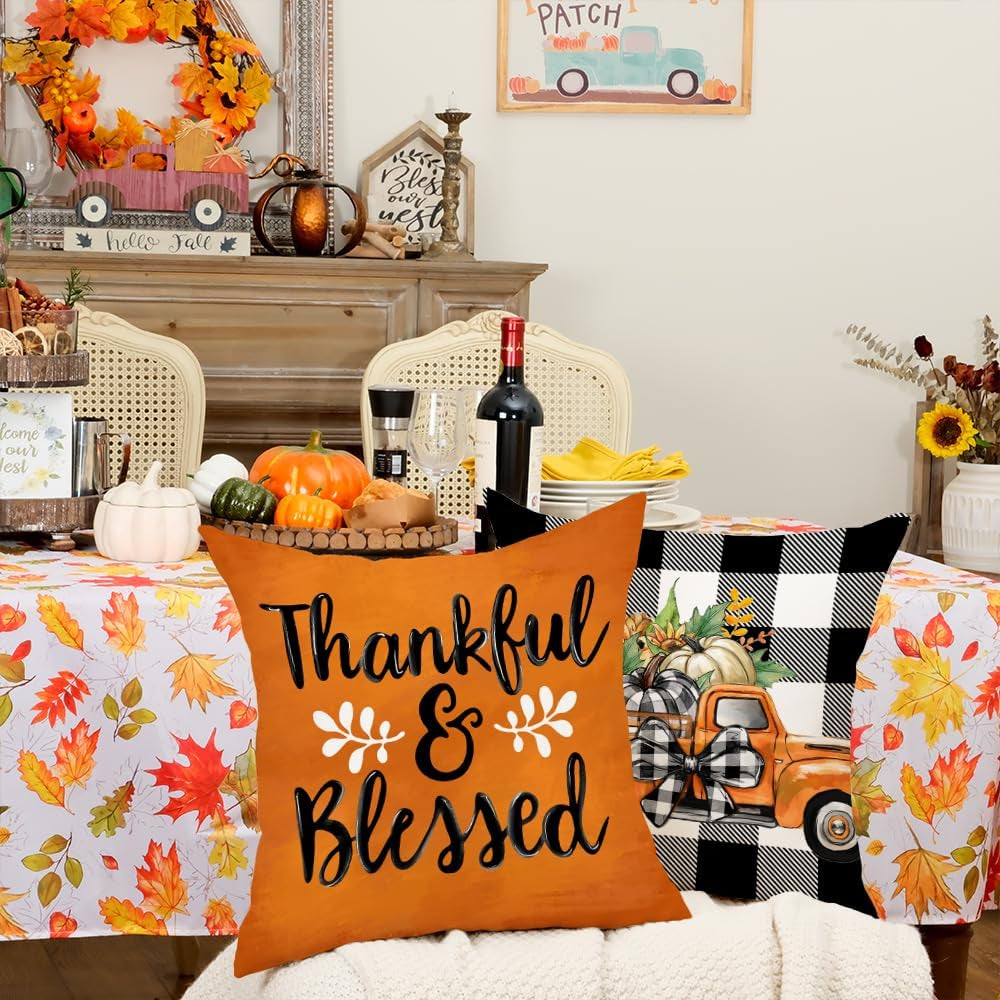 Fall Decorative Pillow Covers Set of 4 – Pumpkin, Thankful & Blessed