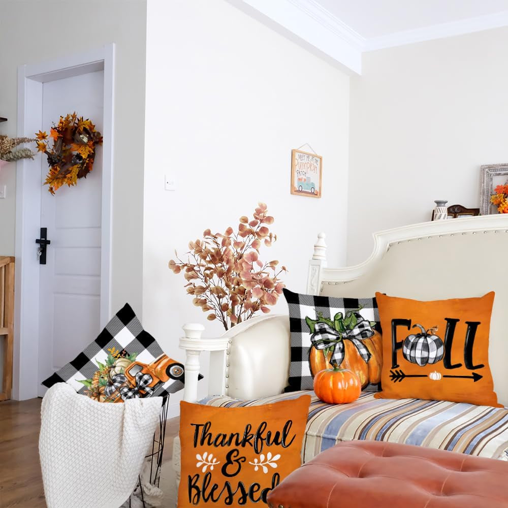 Fall Decorative Pillow Covers Set of 4 – Pumpkin, Thankful & Blessed