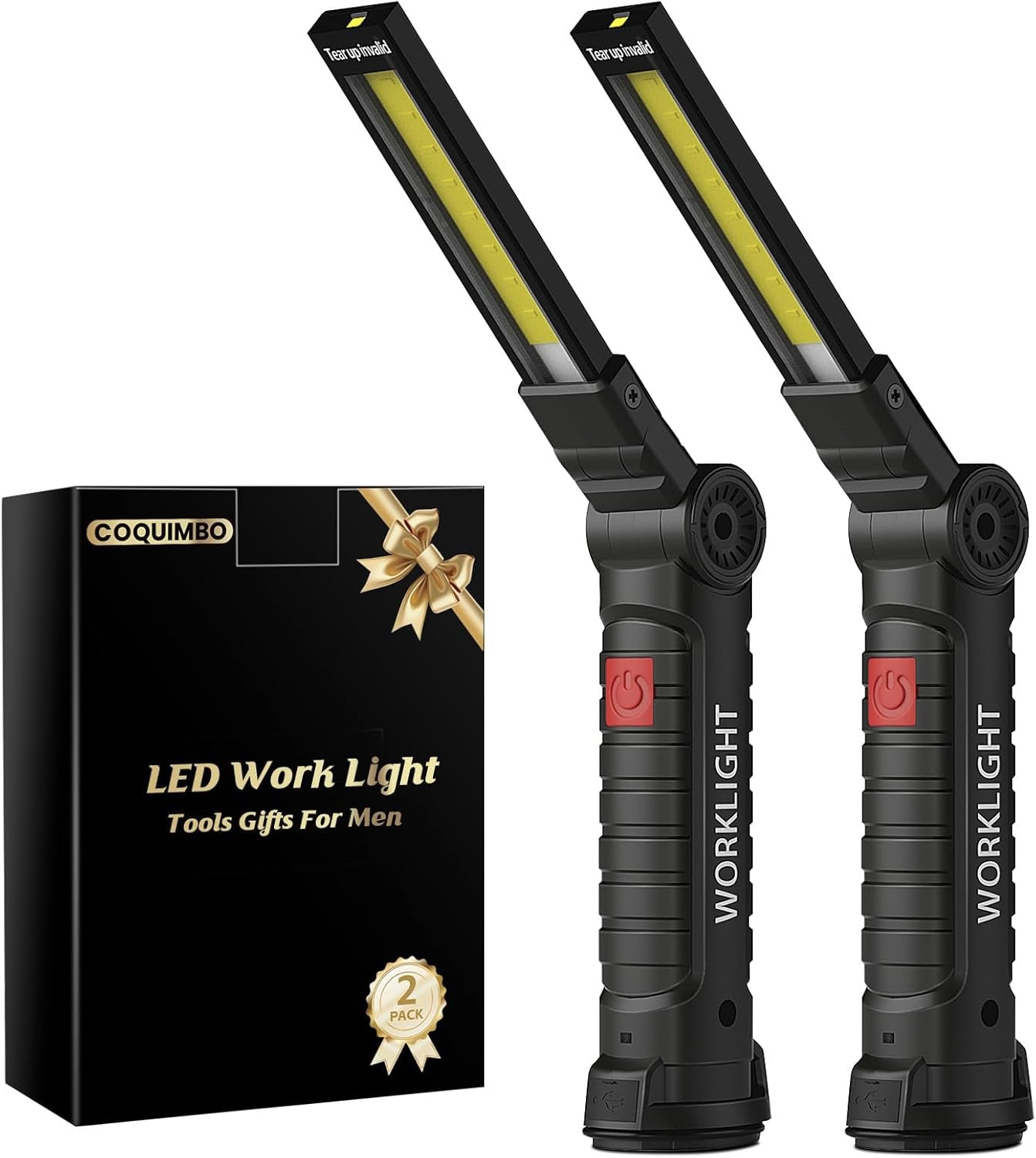 Rechargeable LED Work Light 2-Pack – Magnetic Base and Hook, 360° Rotating Mechanic Flashlight for Garage, BBQ, Automotive and Emergency Use – Gift for Men, Dad, Husband