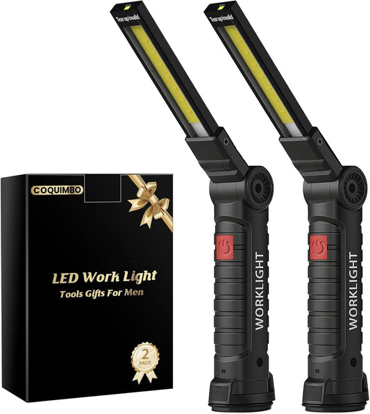 Rechargeable LED Work Light 2-Pack – Magnetic Base and Hook, 360° Rotating Mechanic Flashlight for Garage, BBQ, Automotive and Emergency Use – Gift for Men, Dad, Husband