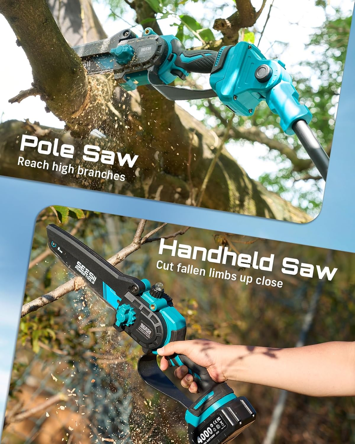 2-in-1 Cordless Pole Saw and Mini Chainsaw – 6-Inch Battery Powered Tree Trimmer with Extension Pole