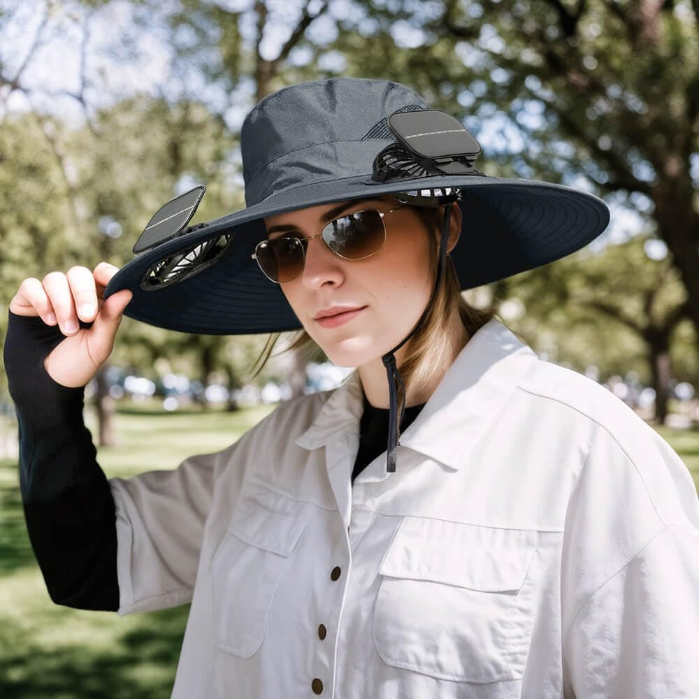 Solar Powered Fan Hat – Wide Brim Sun Hat with Dual Cooling Fans, UPF 50+ UV Protection for Men and Women, Outdoor Hat for Fishing, Beach, Gardening and Hiking