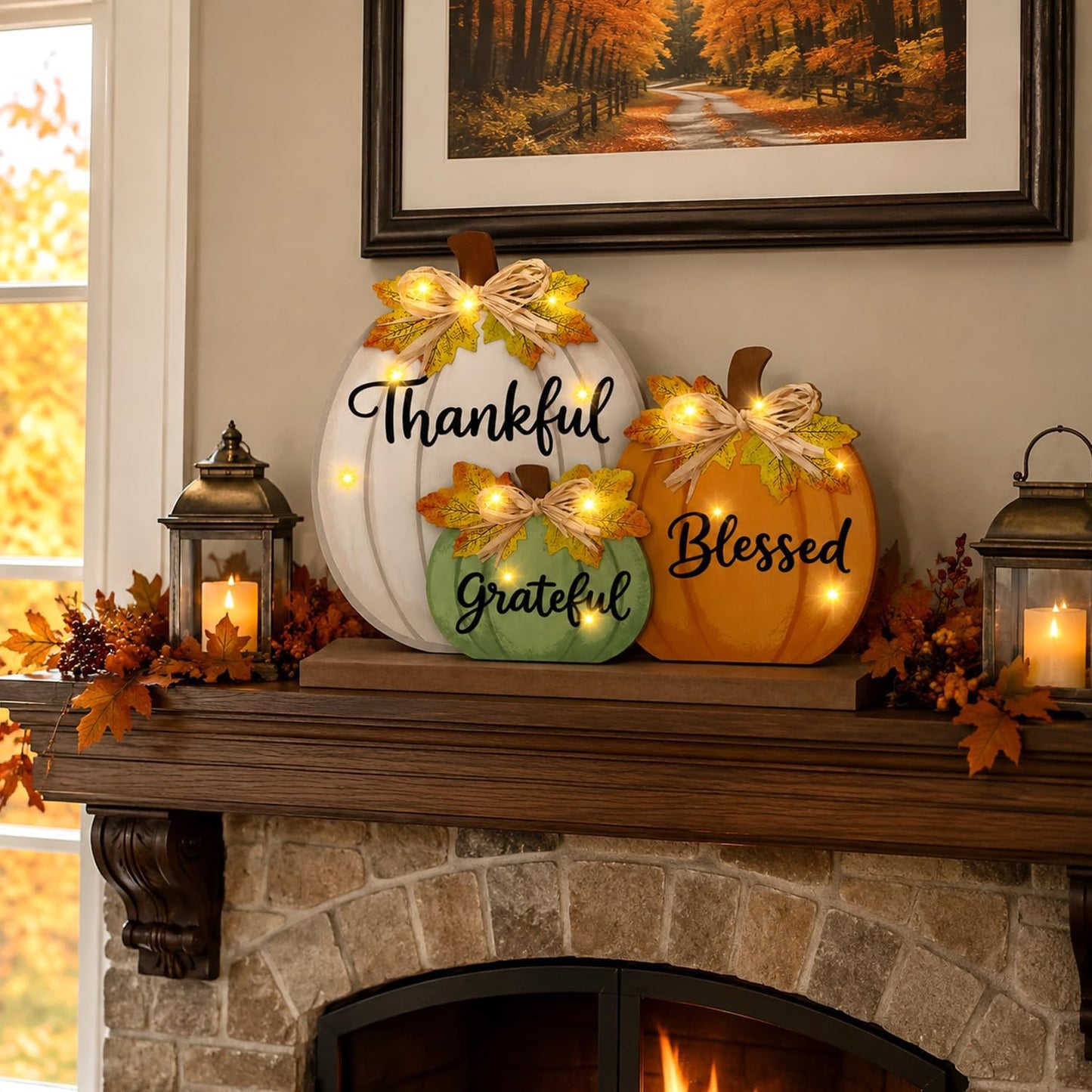 Lighted Fall Pumpkin Table Sign – LED Wooden Thanksgiving Decoration