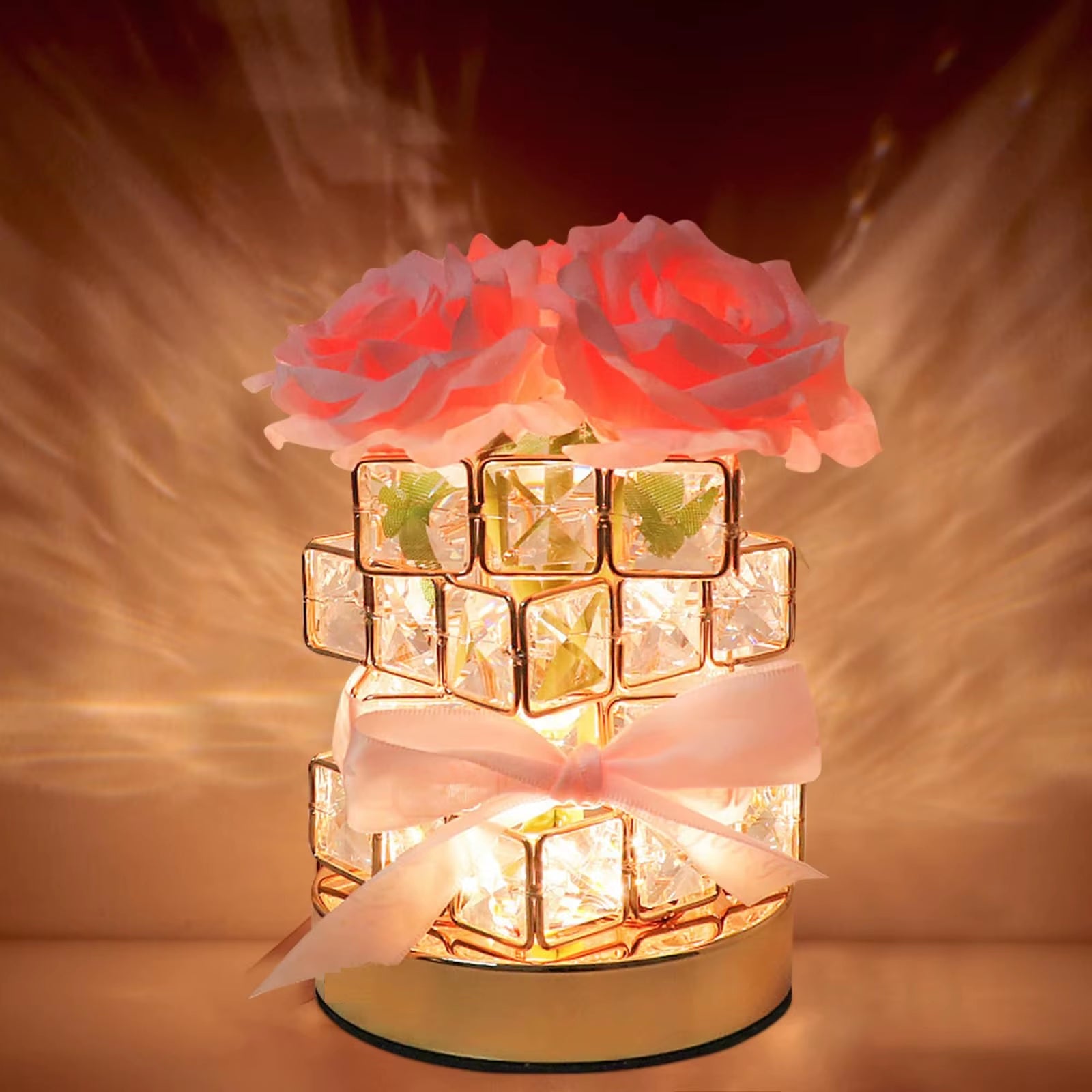 Nightstand Table Lamp Rechargeable Bedroom Bedside Decorative Lamp Crystal Flower Rose for Girl Valentine'S Day Birthday Gift