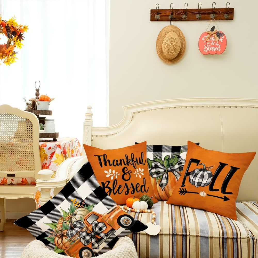 Fall Decorative Pillow Covers Set of 4 – Pumpkin, Thankful & Blessed
