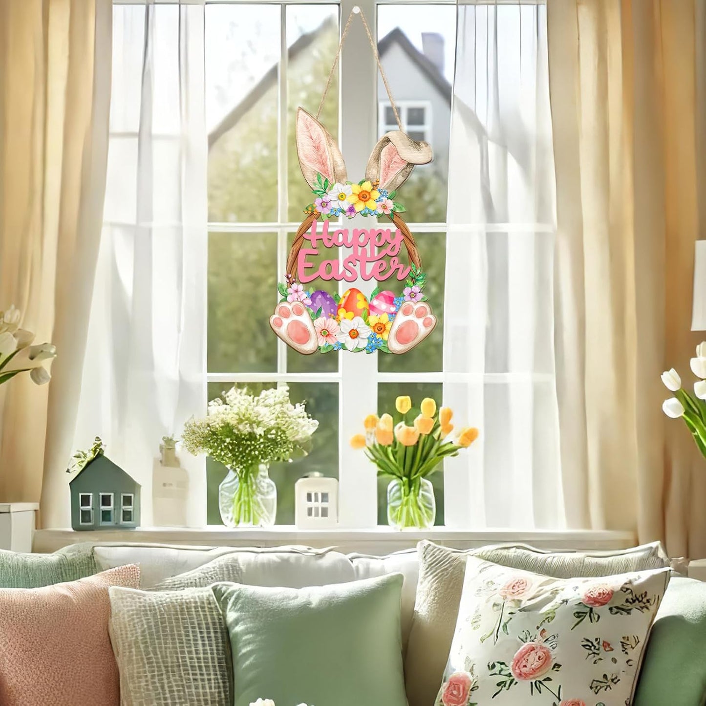 Wooden Easter Hanging Sign, Rustic Hollow-Out Spring Door Decoration, Farmhouse Wall Plaque for Home Entryway Porch Deco