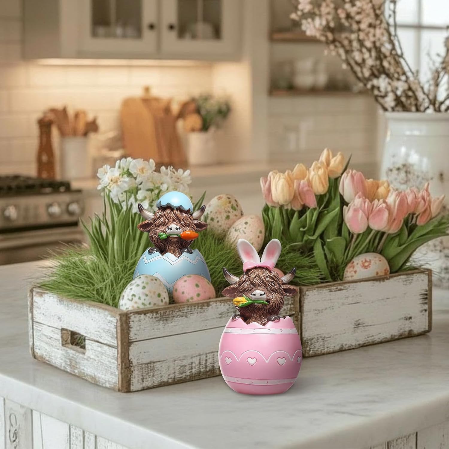 2 Pcs Easter Highland Cow Figurines – Bunny Cow Spring Tiered Tray Decor
