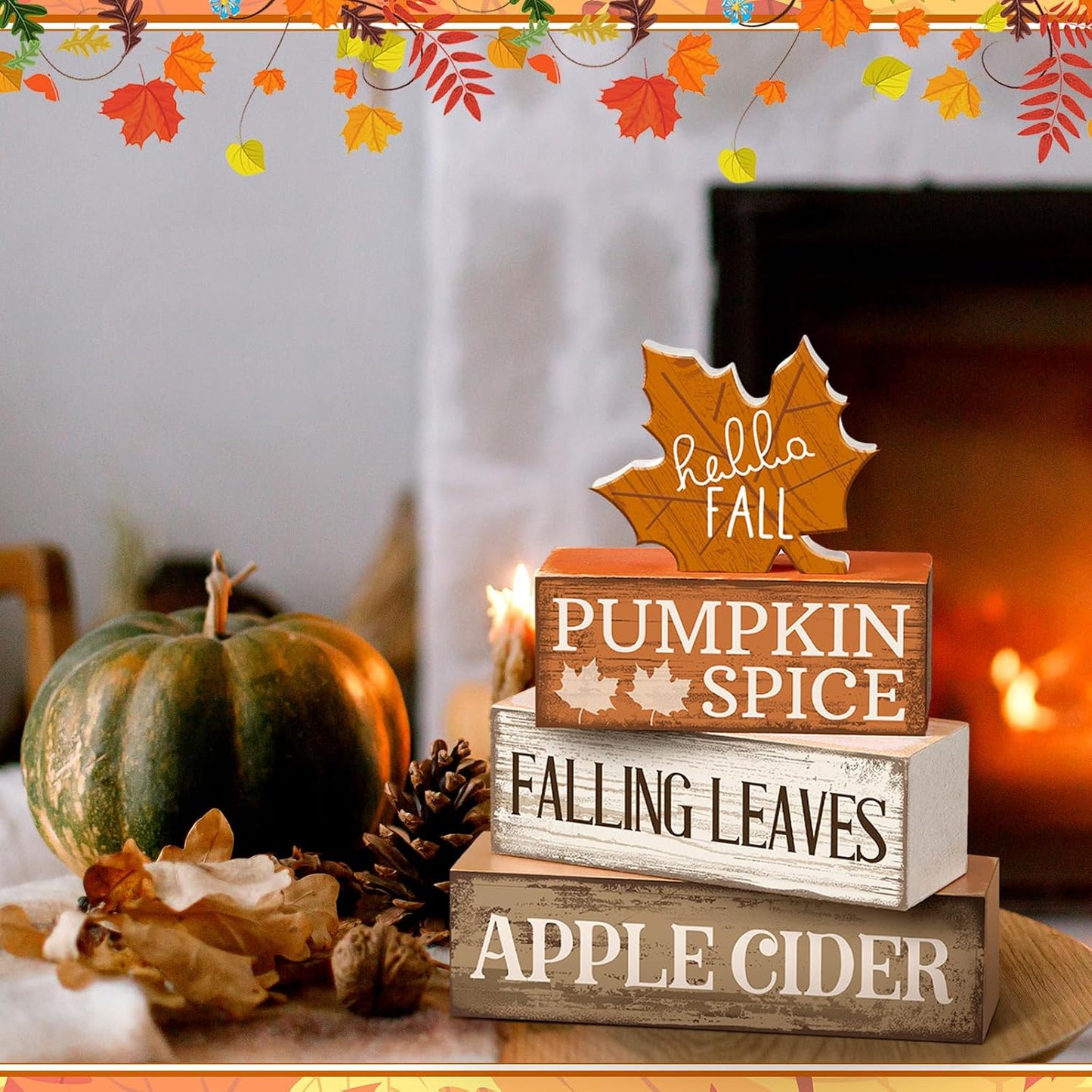 Fall Wooden Maple Leaf Decorations Set of 4 – Rustic Autumn Tiered Tray Decor