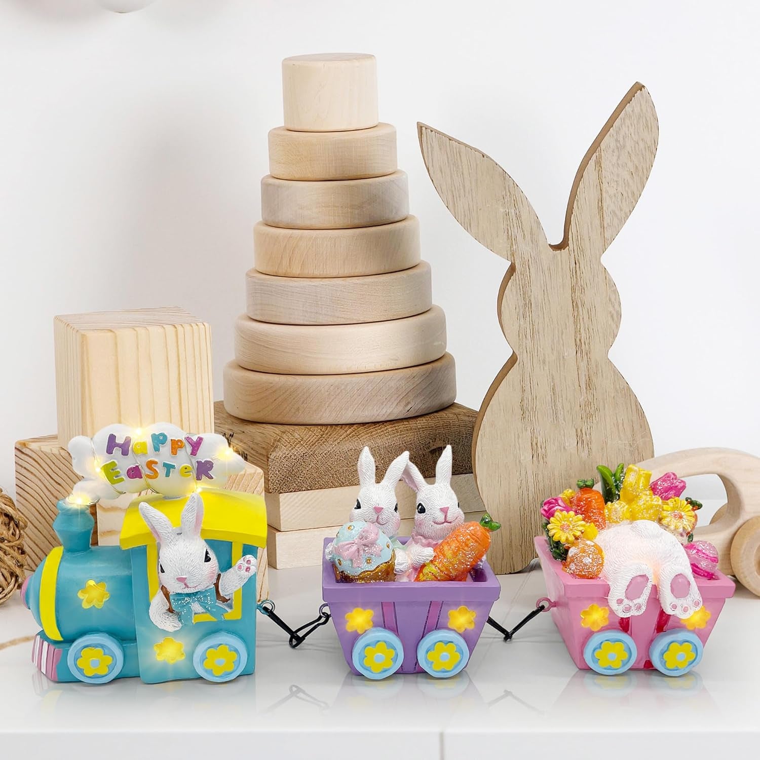 Lighted Easter Train Decor with Bunny – Easter Table Centerpiece Decoration