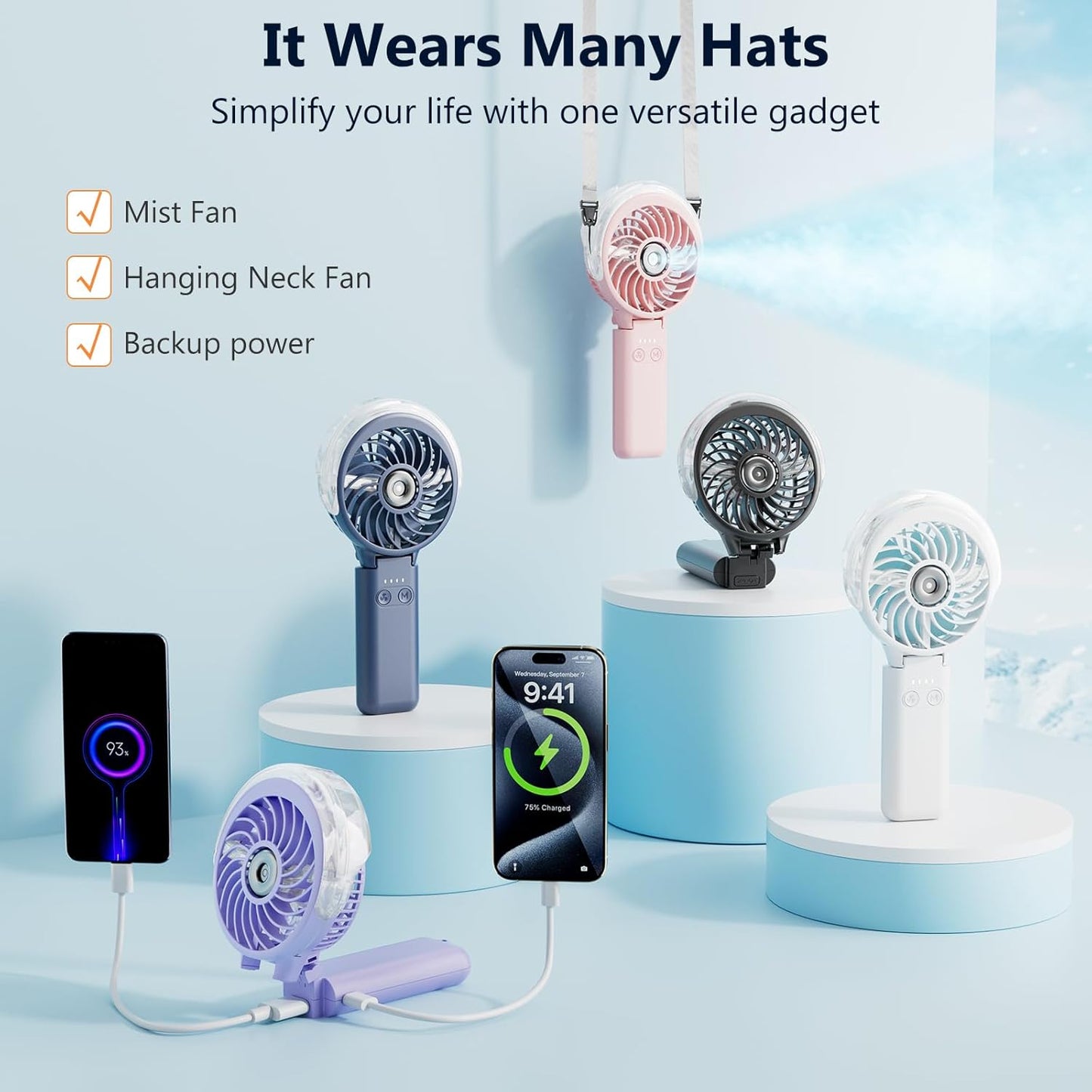 5200mAh Handheld Misting Fan – Portable Rechargeable Cooling Fan with Water Mist Spray