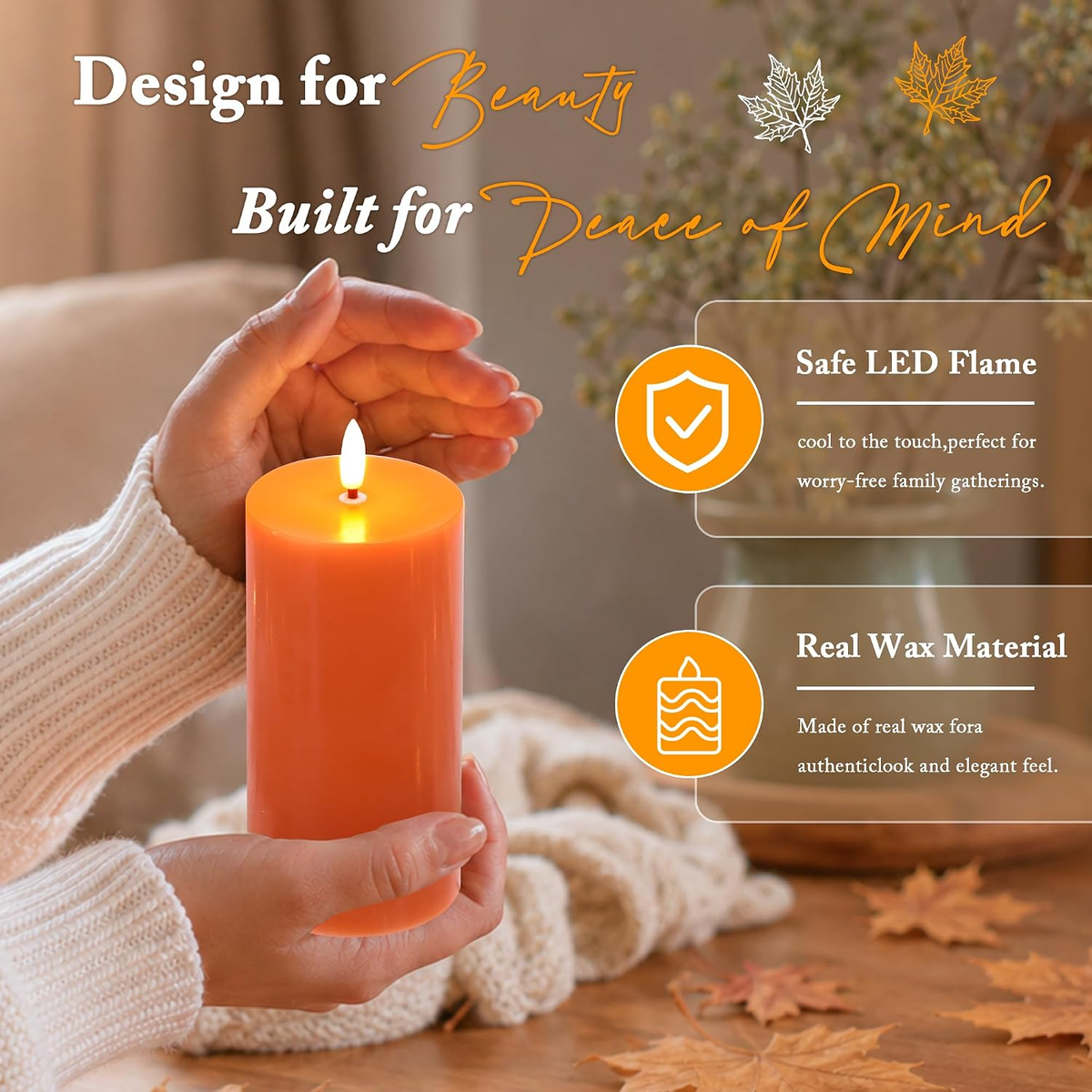 3-Pack Burnt Orange Flameless Pillar Candles with Remote