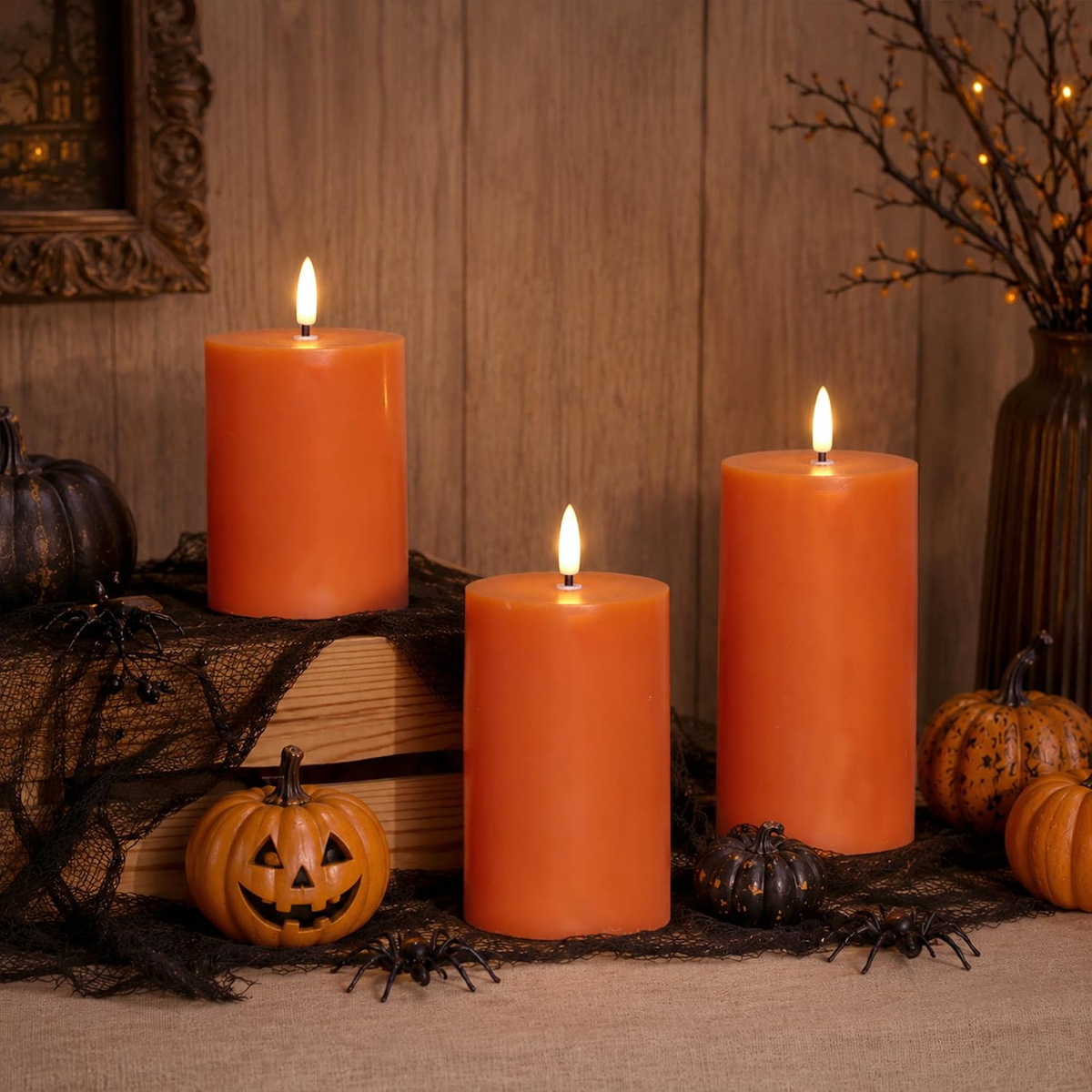 3-Pack Burnt Orange Flameless Pillar Candles with Remote