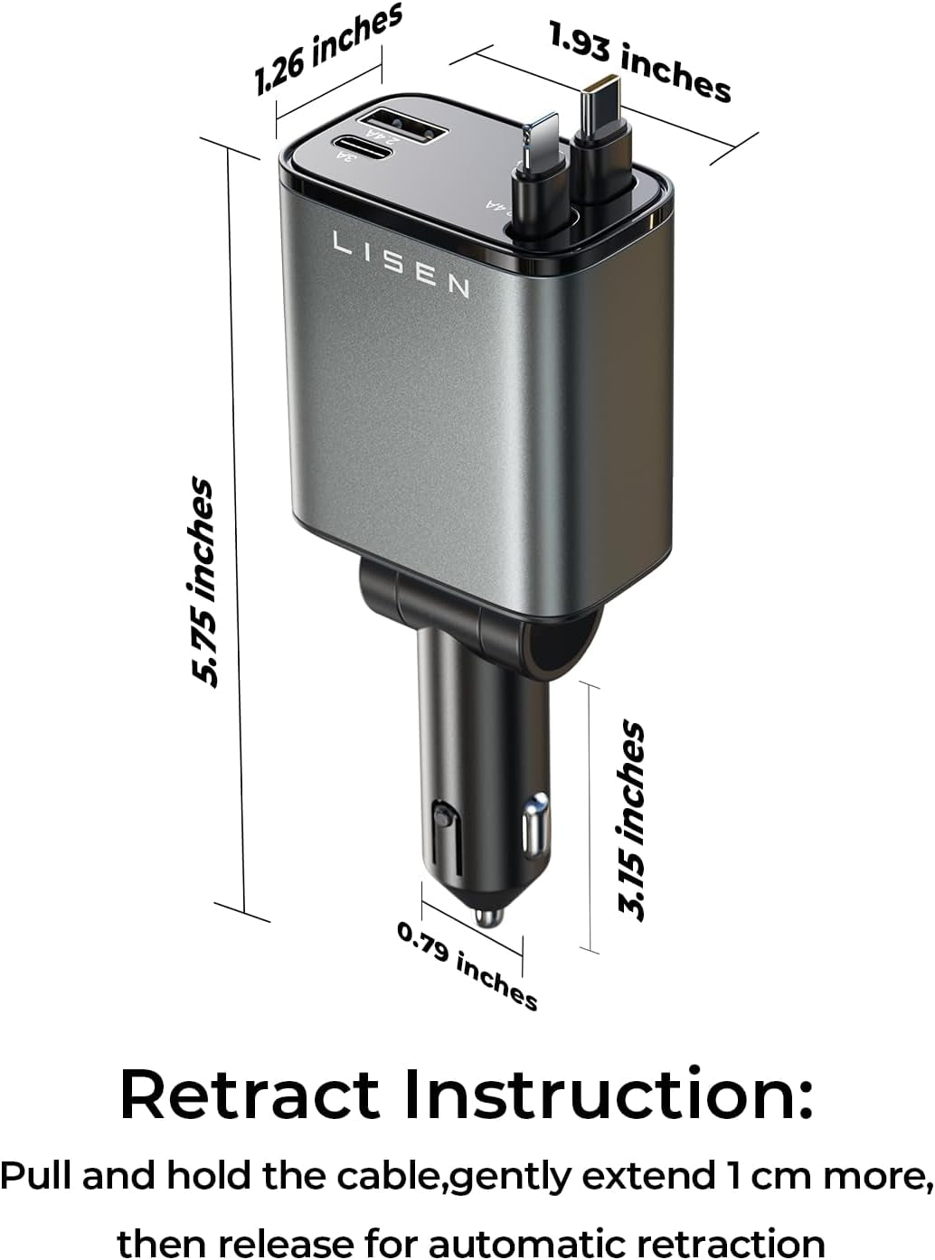 Retractable Car Charger 84W – USB-C Fast Charging Adapter with Retractable Cable, Dual Port Car Accessories for iPhone 17/16/15/14/13/12/11