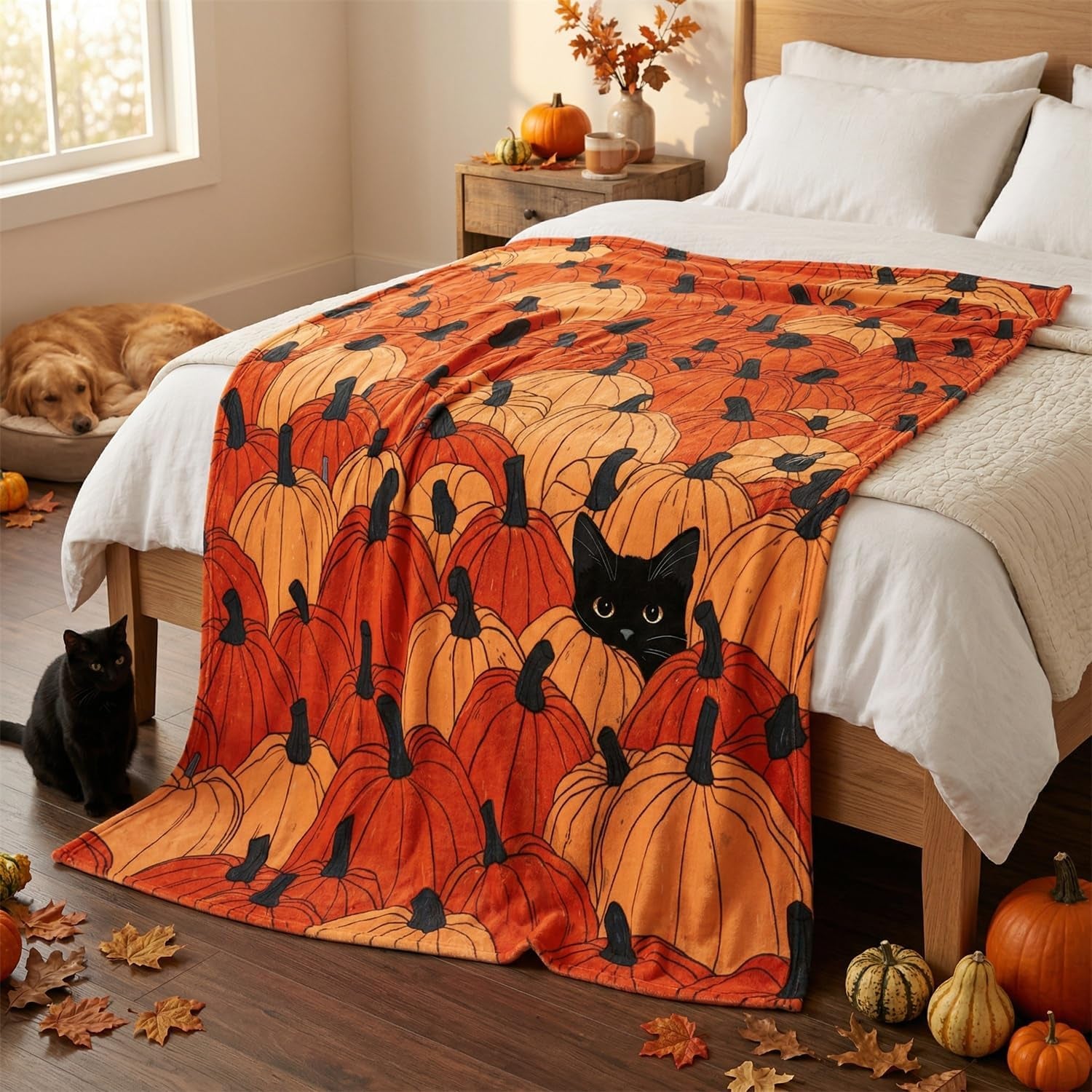 Fall Pumpkin Cat Throw Blanket – Ultra Soft Plush Flannel Fleece Blanket