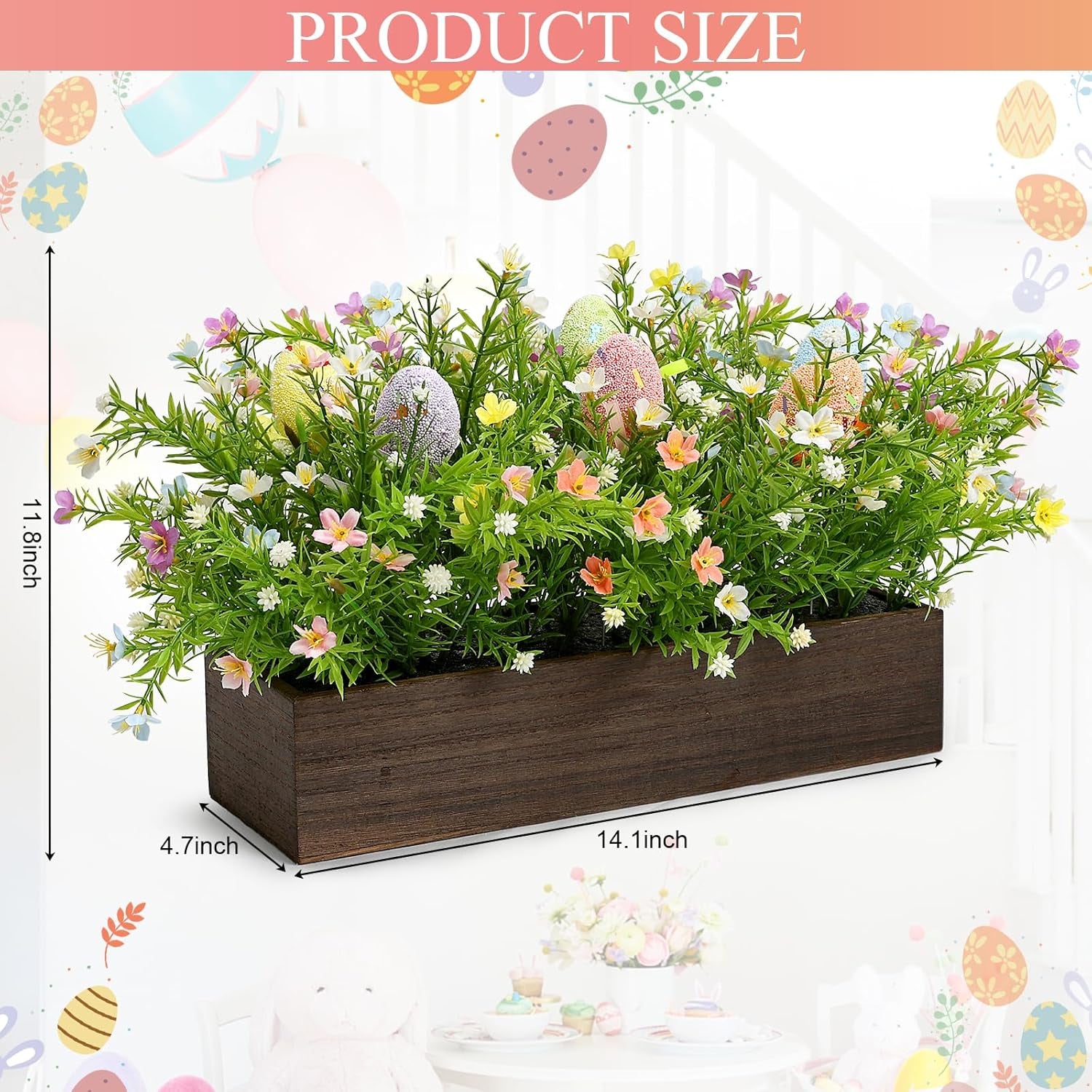 Easter Table Centerpiece Decoration – Spring Artificial Flowers Arrangement with Wooden Tray Farmhouse Decor