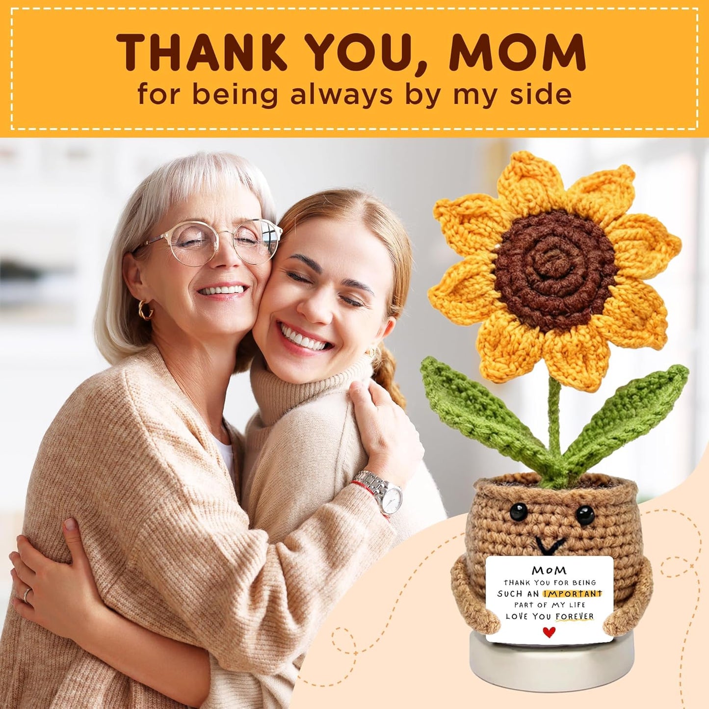 Handmade Crochet Sunflower for Mom – Mother’s Day & Birthday Gifts for Moms from Daughter or Son | Positive Inspirational Plush Flower Keepsake