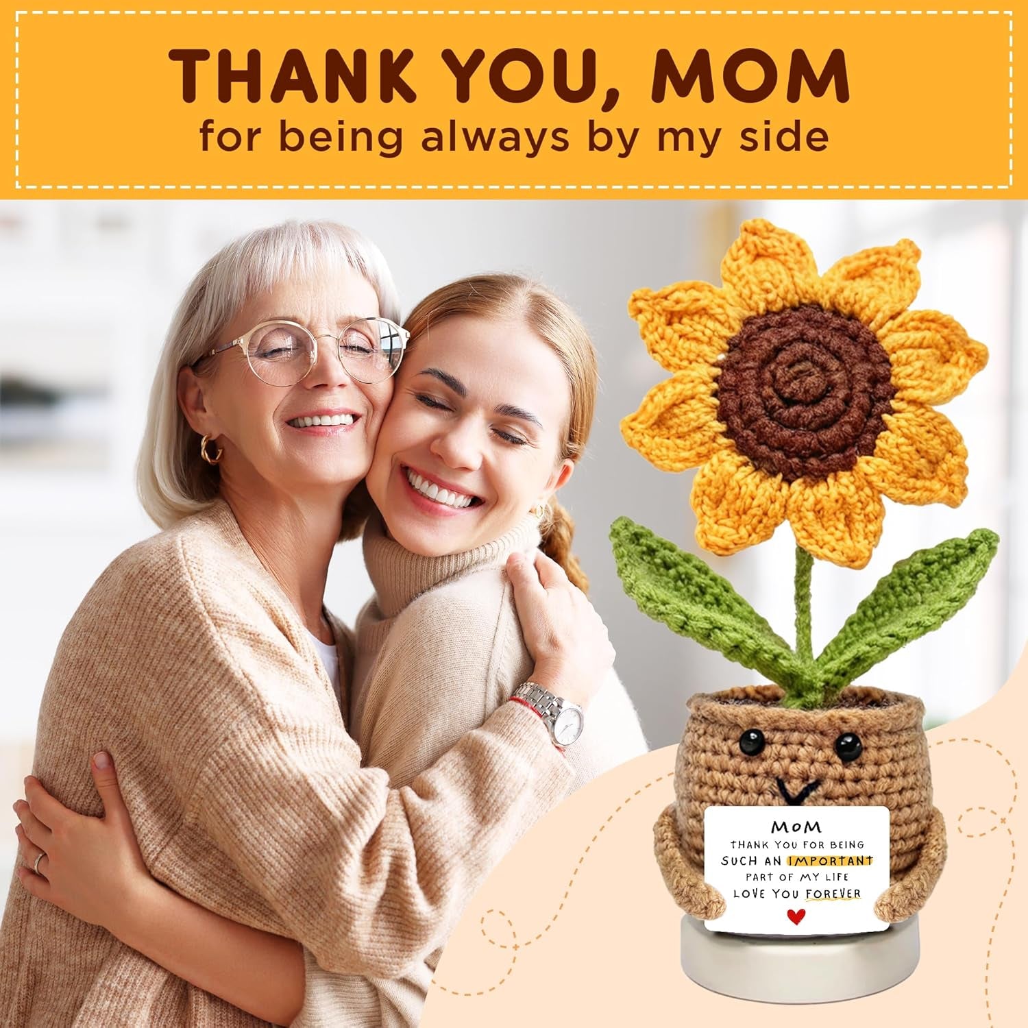 Handmade Crochet Sunflower for Mom – Mother’s Day & Birthday Gifts for Moms from Daughter or Son | Positive Inspirational Plush Flower Keepsake