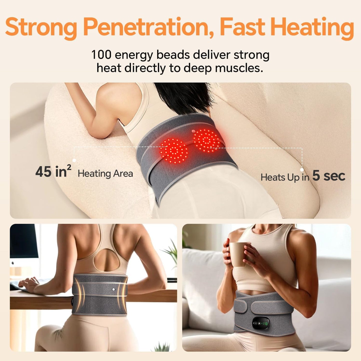 Cordless Heating Pad for Back & Waist – Rechargeable Heating Belt with Heat & Vibration