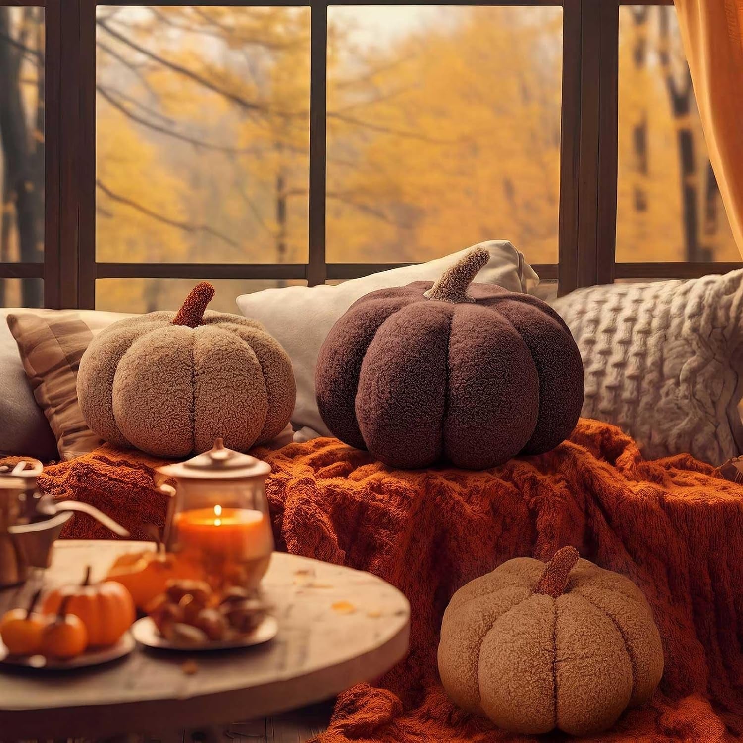 Stuffed Pumpkin Pillows Set of 3 – Soft Plush Fall Decorative Cushions