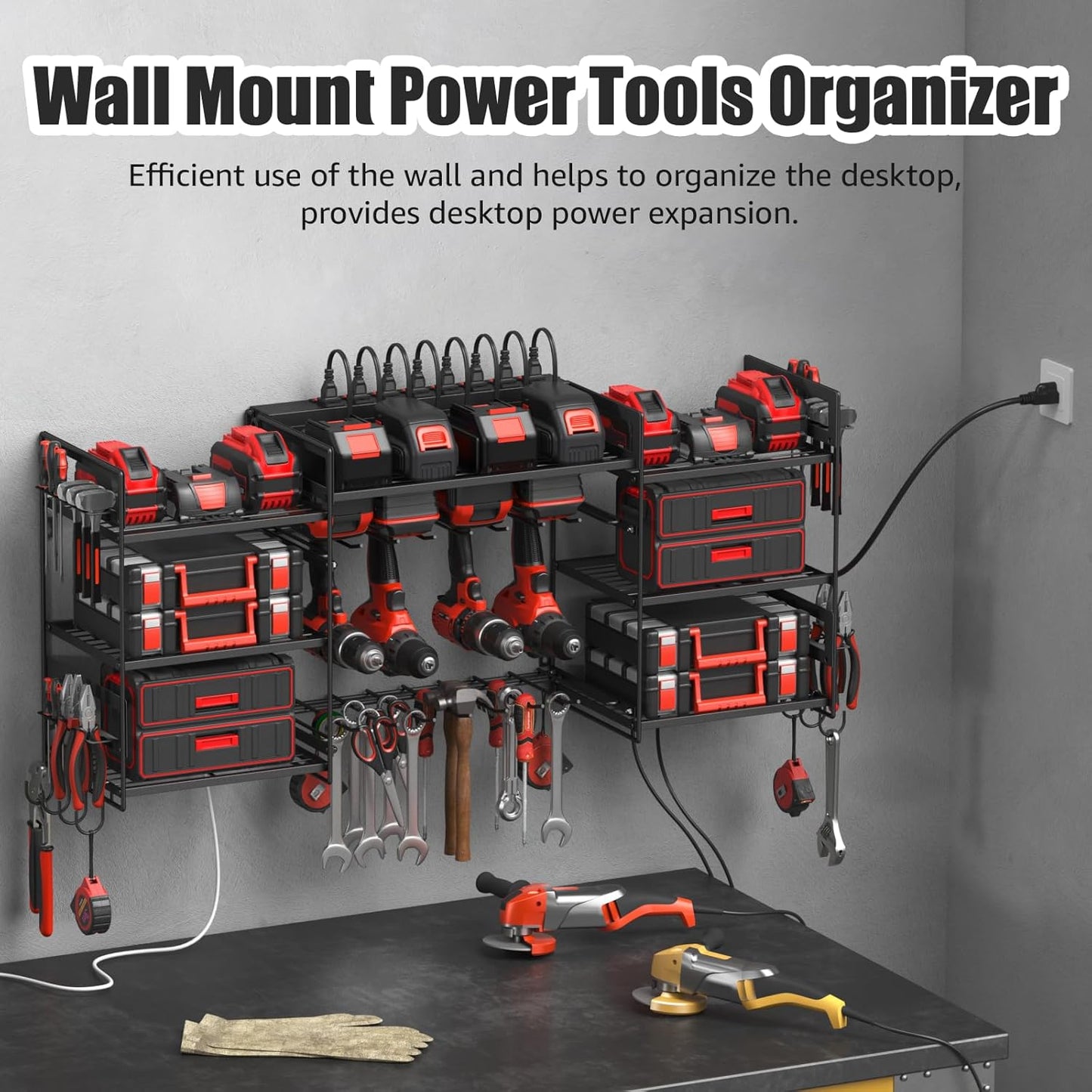 CCCEI Wall Mounted Power Tool Organizer – Heavy-Duty Garage Storage Rack with Charging Station, Power Strip with Individual Switches, Drill and Battery Holder Shelf