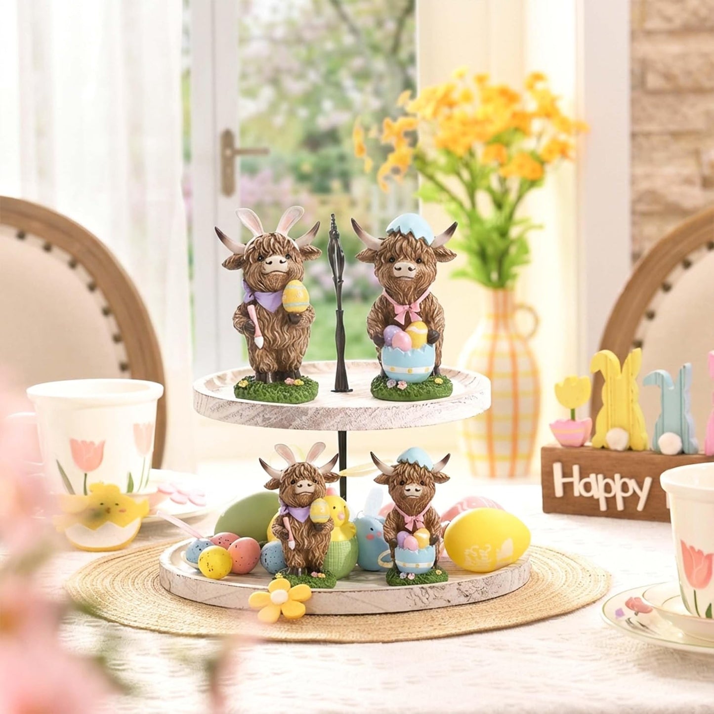 🐰🐮 Highland Cow Bunny Easter Figurines – Set of 2