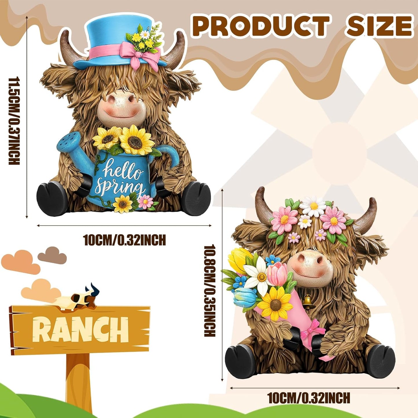 2 Pack Spring Highland Cow Resin Figurine Spring Bathroom Highland Cow Gnomes with Flower Starfish Resin Statue for Garden Table Shelf Home Decor Calf Gnome Herd Gifts