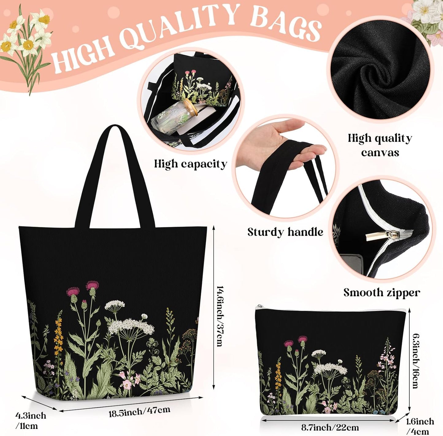 3-Piece Plant Lover Gift Set – Floral Canvas Tote Bag, 16oz Coffee Cup with Straw, and Makeup Bag