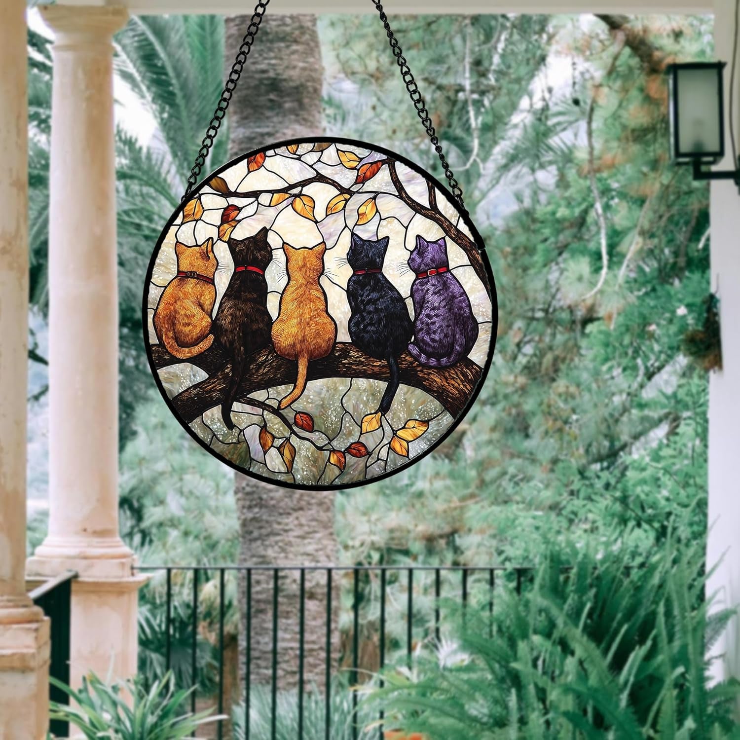 Stained Glass Cat Suncatcher – 5 Cats on a Branch Window Hanging, Home Decor Gift