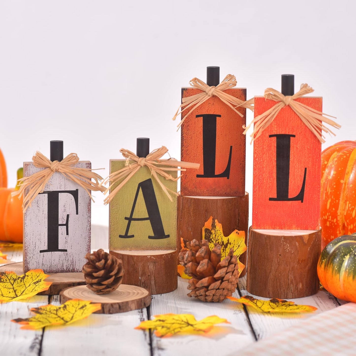 Rustic Fall Wooden Decor Signs Set of 4 – Farmhouse Autumn Table Centerpieces
